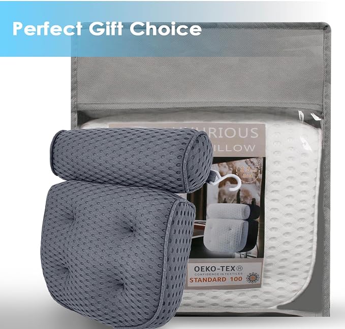 AEROiVi Luxury Bath Pillows for Tub,Bath Pillow Bathtub Pillows for Head and Neck Support Bath Cushion Made from Soft Spacer Mesh Material with Suction Cups,Gray