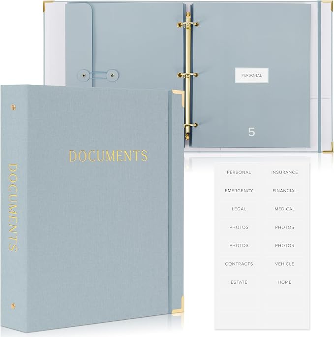 Important Document Organizer Set with Folders - Complete Linen Ring Binder Set Safely Stores All Documents & Files in One Place - Easy to Use Expanding Storage Incl. Envelopes, Pockets & Labels