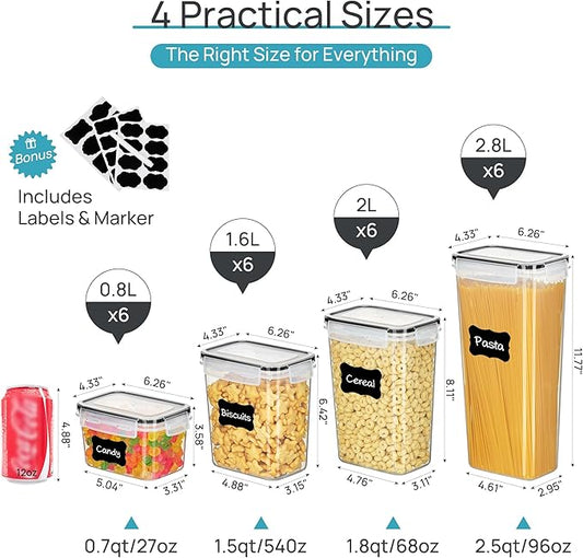 Airtight Food Storage Containers with Lids, Vtopmart 24 pcs Plastic Kitchen and Pantry Organization Canisters for Cereal, Dry Food, Flour and Sugar, BPA Free, Includes 24 Labels,Black