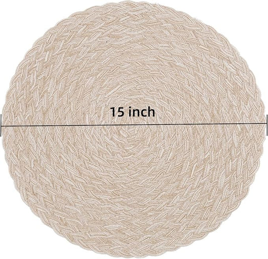 SHACOS Round Braided Placemats 15 inch Set of 6 Thick Boho Kitchen Table Placemats for Home Wedding Party (T-Beige, 6)