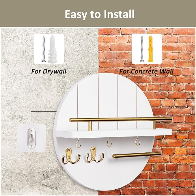 Nekon Key Holder Wall Mount, 11.8 Inch Rack With Shelf and 6 Hooks, Rustic Mail Organizer, Circular Wooden Hanger for Entryway Hallway Kitchen (White&Gold)