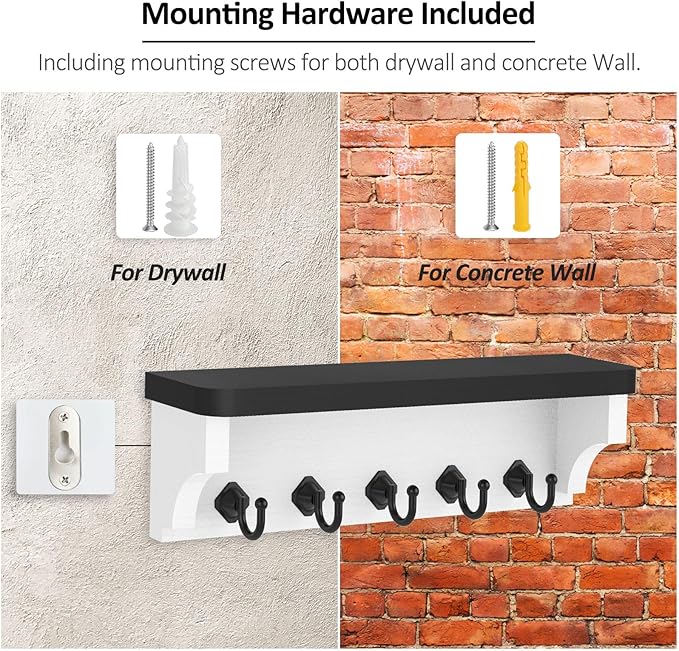 Nekon Key Holder for Wall, 11.8" W x 3.5" H x 2.8" D Decorative Key Organizer with Floating Shelf, Wall Mount Key Rack with 5 Hooks (Black)