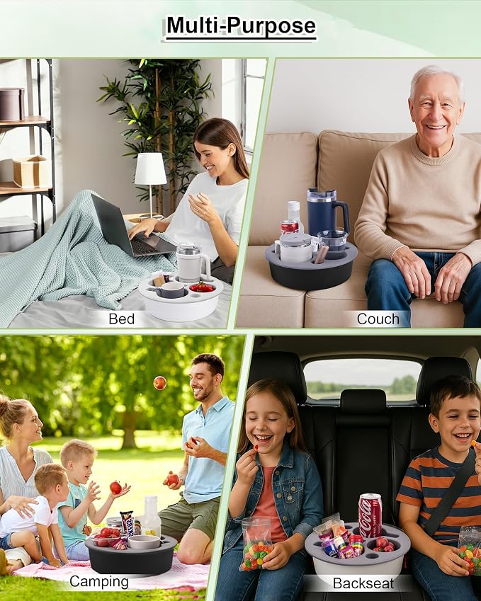 Couch Cup Holder Tray Round, Bonfixe 4-Cups Bedside Drink Holder for Elderly/Pregnancy, Stable Non-Spill Silicone Couch Caddy for Remote Control, Glasses, Snacks, Phones (White-Black)