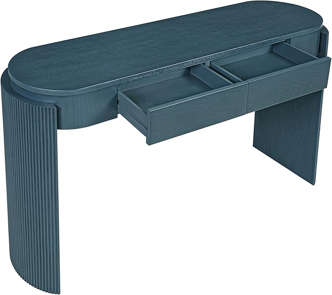 Entryway Table with Natural Wood Grain Finish, Console Table with Fluted Design, Oval Top and 2 Drawers for Entryway and Living Room (Navy)