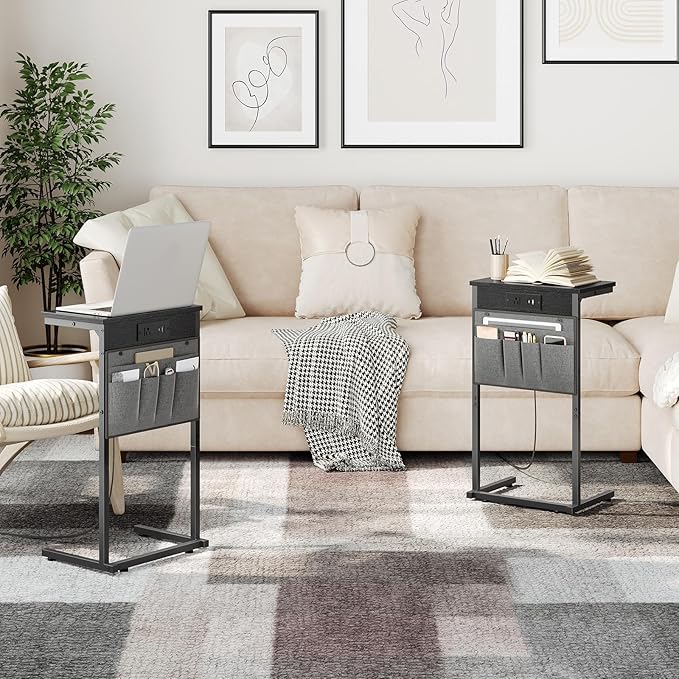 HOOBRO C Shaped End Table with Charging Station, 28" Tall Couch Table for Couch and Recliner for Small Spaces, Slide Under Sofa Table TV Tray with Storage Bag for Living Room, Black BB70USF01