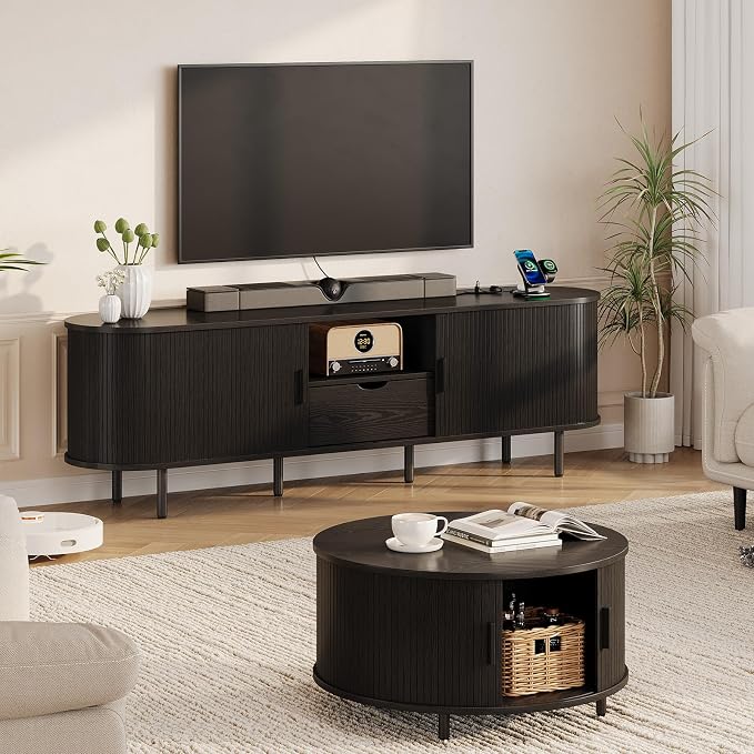 69" Mid-Century TV Stand with Power Outlet, Fluted Entertainment Center with Storage Drawer, TV Console with Sliding Door and Adjustable Shelves, TV Stand up to 80" for Living Room, Bedroom, Black