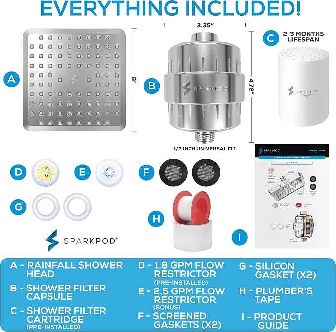 SparkPod 23-Stage Filtered Shower Head, 8" Square, Polished Chrome | Filtered Shower Head for Hard Water Filter, High Pressure, Reduces Chlorine, Heavy Metals, For Dry Skin & Hair