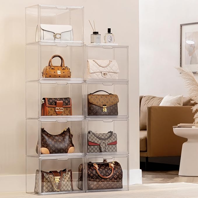 HBlife 14 Pack Purse Storage Organizer for Closet, Large Clear Stackable Handbag Display Case Box with Magnetic Door for Collectibles, Cosmetics, Women Heels and Toys