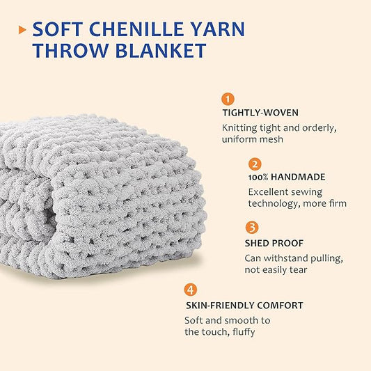 L'AGRATY Chunky Knit Blanket Throw - Soft Chunky Throw Blanket 50''x60'': 100% Hand Kintted Chenile Crochet Throw Blanket for Couch - Large Cable Knit Chunky Blanket for Home Decor(Grey)
