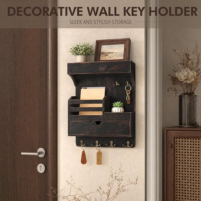 Rebee Vision Pine Wood Key Holder Wall Mount with Drawer Organizer - Farmhouse Key Holder for Wall with 6 Sturdy Hooks & Floating Shelf - Ideal Mail Organizer for Home Decor (Distressed Black)