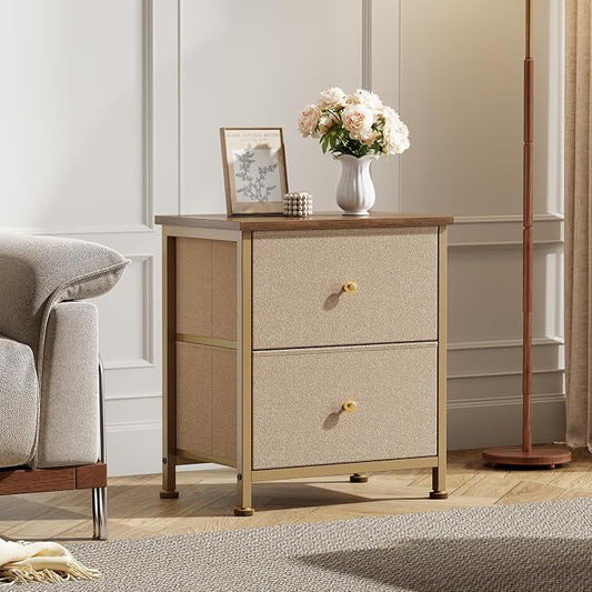 DUMOS Nightstand Small Dresser with 2 Fabric Drawers Side Tables Bedroom End Table Kids Bedside Storage Furniture for 20 inch Tall Night Stand for Closet, Entryway, College Dorm, Khaki