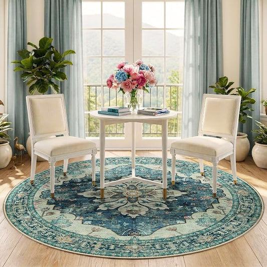 RELEANY Area Rugs Round 6ft Washable Non-Slip, Floral Vintage Distress Medallion Carpet for Living Room Bedroom Dining Room, Dark Blue Vintage