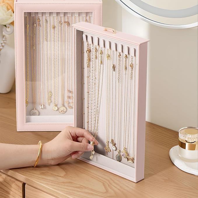 Lolalet Necklace Organizer Box, Jewelry Storage Box with Clear Window for Necklaces Bracelets, Tangle-Free Necklace Display Case for Women Girls, Pink, 2 Layers 20 Hooks