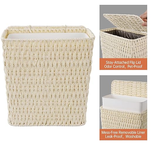3 Gallon Paper Rope Bathroom Trash Can,Small Wicker Trash Cans with Lid and Liner,Woven Rattan Narrow Waste Basket for Bedroom,Office,White