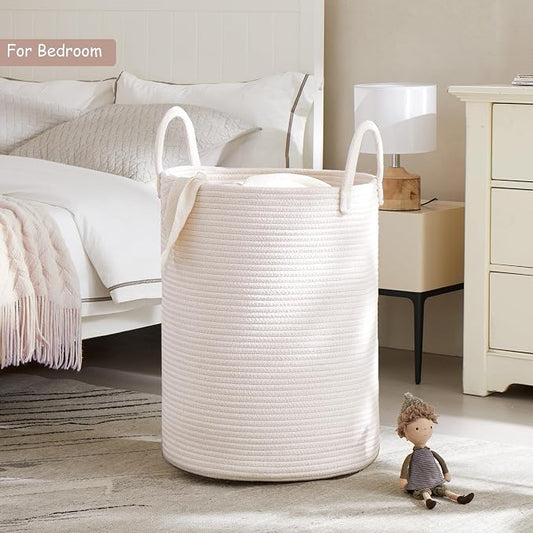 80L Extra Large White Hamper Tall Woven Laundry Basket Cotton Rope Blanket Basket for Living Room Clothes Hamper in Bedroom 16"L x 16"W x 22"H