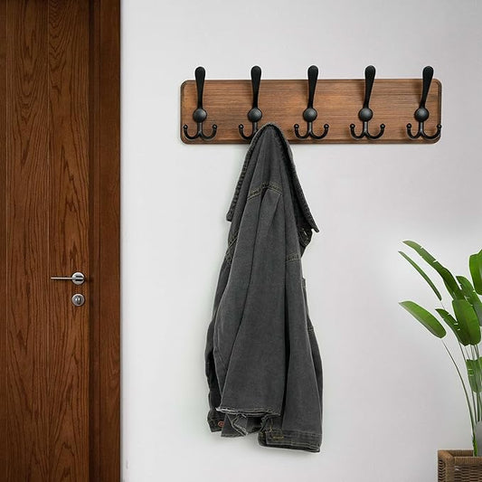 WEBI Rustic Coat Rack Wall Mount,Solid Wood Coat Hooks Wall Mounted Coat Hanger,16" Hole to Hole,Hook Rack Rail,5 Triple Hooks for Hanging Coats,Jacket,Clothes,Farmhouse,Brown