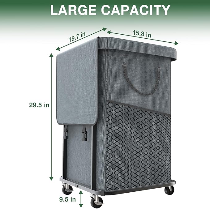 40 Gal(150L) Laundry Basket with Lid, Rolling Laundry Hamper with Wheels, Dirty Clothes Hamper with Metal Frame and Removable Bag Design, Suitable for Laundry Room, Bedroom - Grey