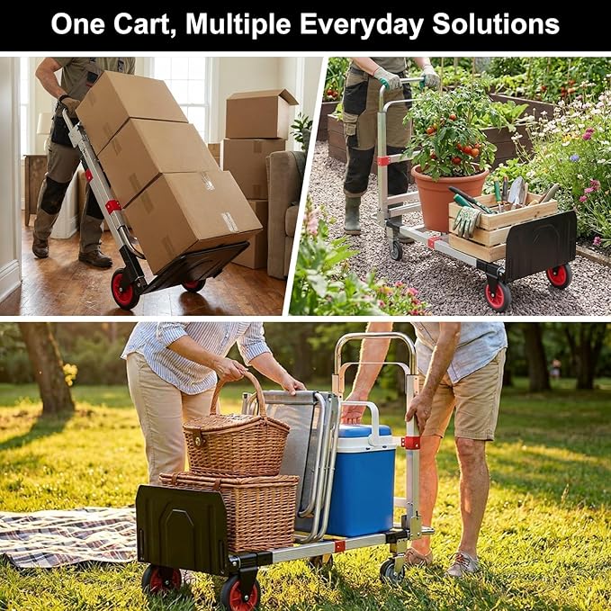 Folding Hand Truck Dolly, 500 lbs Heavy-Duty Convertible Cart, Aluminum Alloy Collapsible Design with Silent Rubber Wheels, Adjustable Handle, Flat Fold for Moving, Home, Office (red)