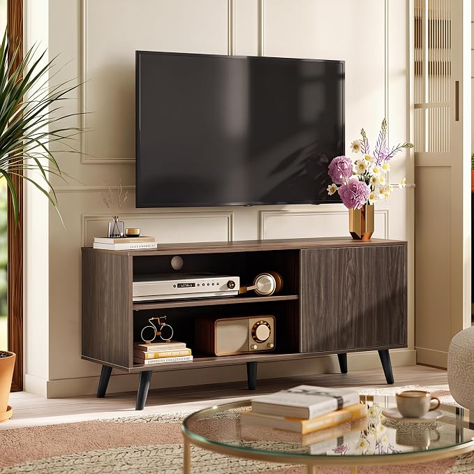 WLIVE TV Stand for 55 Inch TVs, Entertainment Center with Storage Cabinet, Mid-Century Modern TV Stands for Living Room, Media TV Console, Dark Walnut