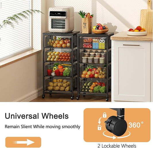 4-Tier Fruit Vegetable Storage Cart - Kitchen Organizer and Storage Cart with Wheels, Wooden Top Metal Wire Fruit Vegetable Rack Stand with Drawers to Storage Cans Snacks for Kitchen(Patent Pending)