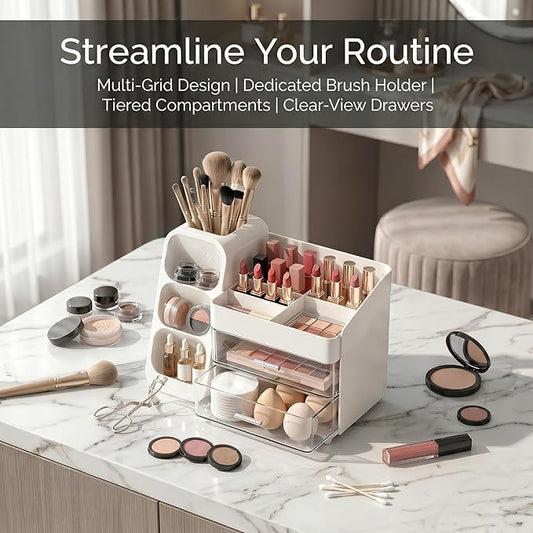 Makeup Organizer for Vanity - Large Skincare Organizers Countertop, Cosmetic Organizer with Brush Holder and 2 Drawer, Makeup Storage for Lipsticks, Nail Polishes, Eyeshadow Palettes, White