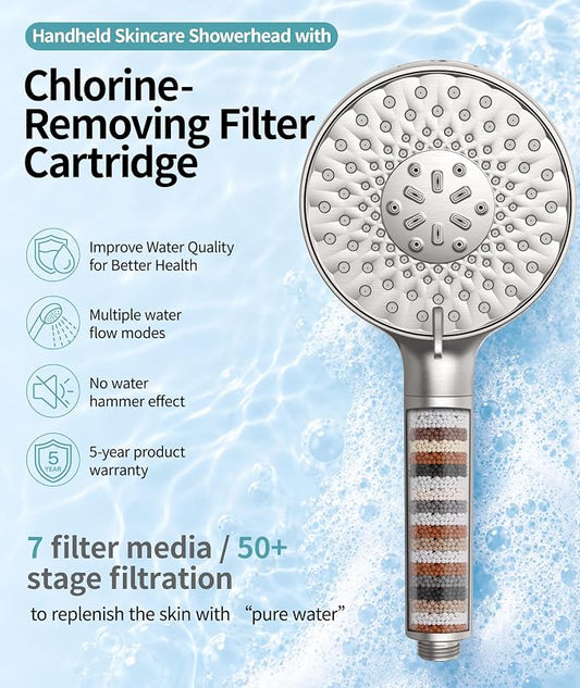 SR SUN RISE Filtered Shower Head with Handheld High Pressure 9 Spray Mode Showerhead Detachable Shower Head Water Softener Filters Beads for Hard Water Remove Chlorine 1 Filter Brushed Nickel