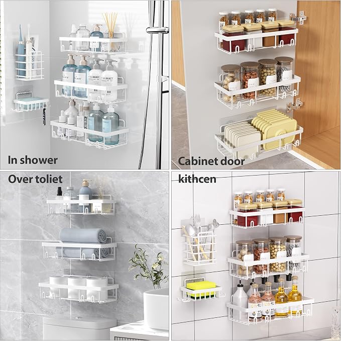 Liuoud 5 Pack Shower Caddy Organizer Rack Shelf for Inside Shower, Self Adhesive Wall Storage Basket Rustproof Stainless Steel Shampoo Holder Bathroom Accessory Decor Set, White