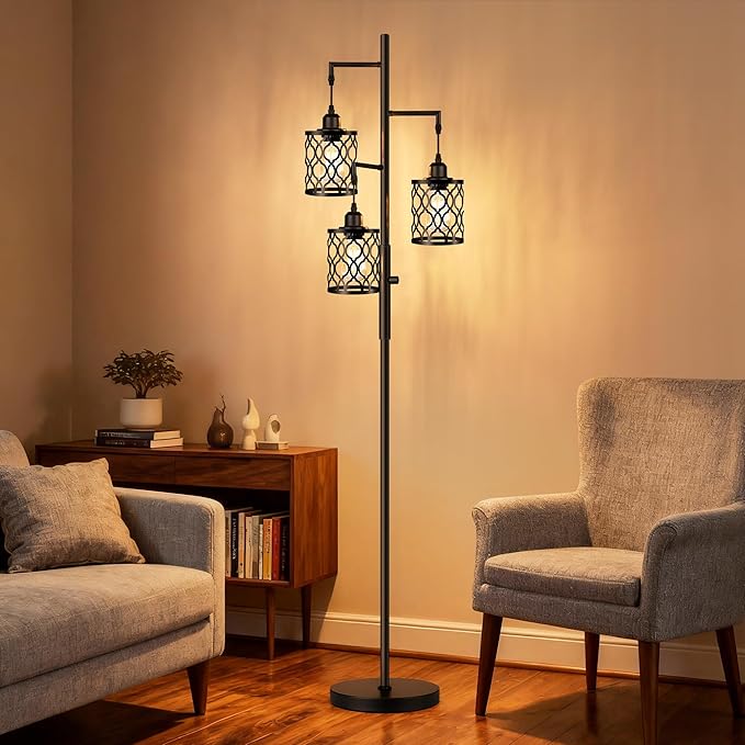 ROTTOGOON Dimmable Farmhouse Floor Lamp, Industrial Floor Lamp for Living Room with 3 X 6W LED Bulbs, 3 Light Rustic Standing Tall Lamp for Bedroom, Office, 68"