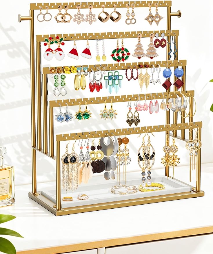 Earring Holder Organizer Gold, 5-Tier Jewelry Display Stand with Elegant Gold Metal Frame and Wooden Tray, Large Earring Holder for Studs, Hoops, Dangles, Decorative Jewelry Organizer for Women