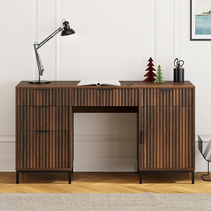 55" Large Fluted Executive Desk with Charging Station, Computer Desk with Storage Cabinet and File Drawer, Modern Wooden Home Office Desk for Workspace, Writing, Study, Brown