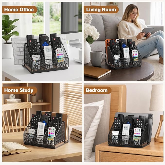 Remote Control Holder, 9-Slot TV Remote Holder for Table, Universal Farmhouse Remote Caddy Large Size Design for Living Room Bedroom Office, No Assembly Required