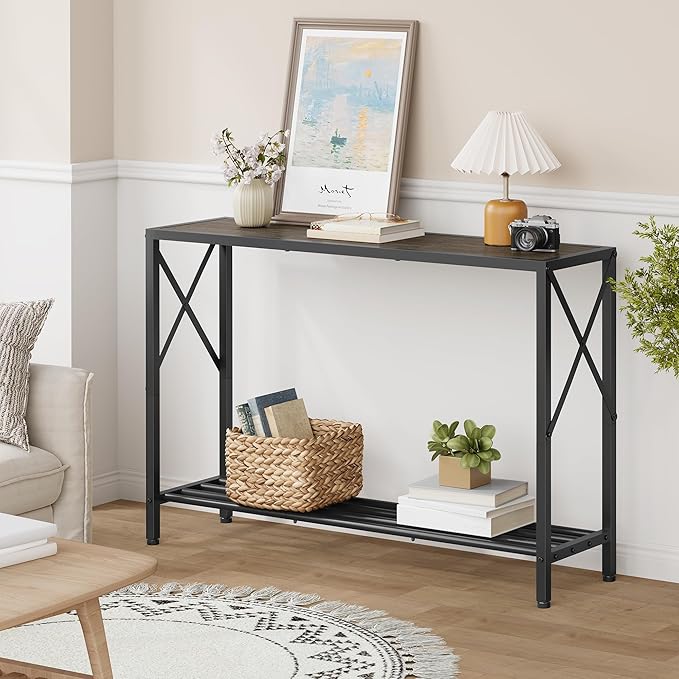Tajsoon Industrial Console Table 41.8", 2 Tier Entryway Table with Storage Shelves, Narrow Sofa Table with Stable X-Frame, for Living Room, Hallway, Foyer, Office, Dark Grey