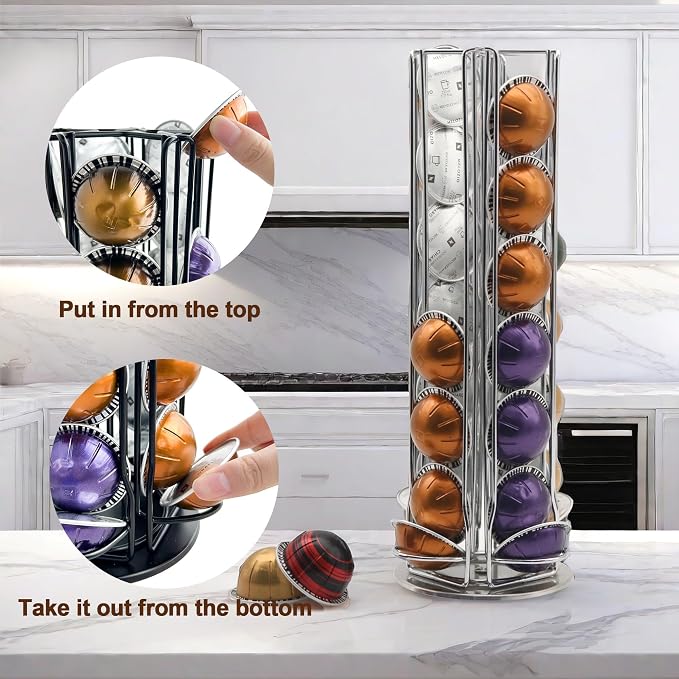 Coffee Pod Organizer for Nespresso Vertuo, Large Compacity Coffee Pod Stand for Nespresso VertuoLine Capsule, Hold 28 Pods, Silver