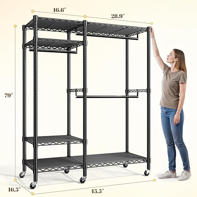 Raybee Portable Closet 780LBS, Heavy Duty Clothes Rack, Rolling Freestanding Clothing Rack with 3 Hanging Rods & 6 Shelves, Adjustable Wardrobe Closet Organizer System