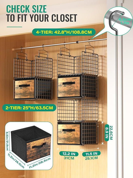Hanging Closet Organizer with Drawers, 4 Tier Metal Closet Organizers and Storage with 4 Hanging Hooks 4 S-Hooks for Wardrobe Laundry Room, Wire Storage Shelf for Clothes Sweaters Pants (Black)