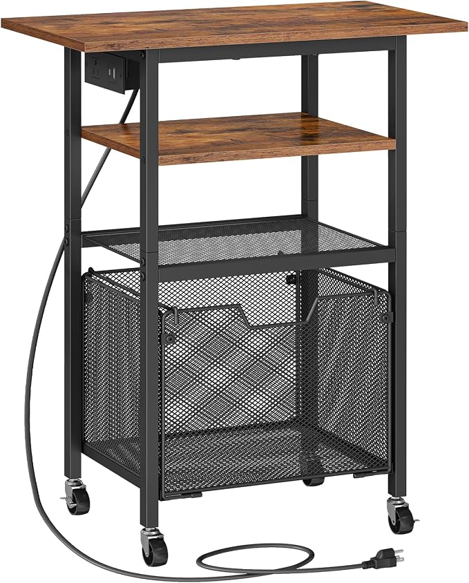 HOOBRO Printer Stand, Printer Table with Charging Station, Printer Cart with Hanging File Folder Organizer, Rolling File Cabinet Cart, Shelf for Home Office, Rustic Brown and Black BF17UPS01