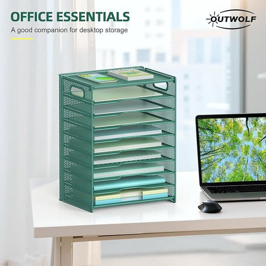 OUTWOLF 10 Tier Paper Organizer - Letter Tray Mesh Desk File Organizer with Handles for Office School Desktop, Green