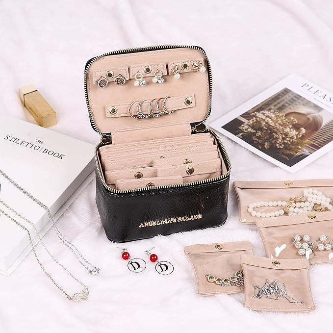 Angelina's Palace Snakeskin Pattern Jewelry Organizer Case Bridesmaid Gifts Travel Bag Vegan Leather Box for Necklace Earring Bracelet Ring(Black)
