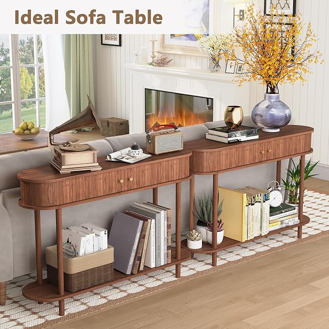 ARTPOWER Modern Entryway Table with Wood Tambour Door, Accent Behind Couch Sofa Console with Storage, Fluted Side Table for Hallway, Living Room, Foyer, Brown