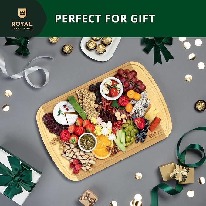 ROYAL CRAFT WOOD Wooden Cutting Boards for Kitchen Meal Prep & Serving - Bamboo Wood Serving Board Set with Deep Juice Groove Side Handles - Charcuterie & Chopping Butcher Block for Meat