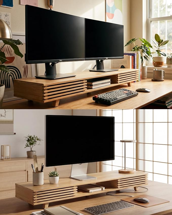 Bamboo 42โ Dual Monitor Stand with Sliding Doors Desk Shelf | Ergonomic Relief Easy Assembly Solid Construction Cozy Workplace Computer Setup Desk Organizer High Load-bearing