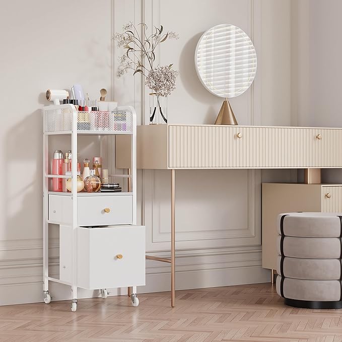 HapiRm Rolling Makeup Cart Organizer - Floor Skincare Make Up Storage with 2 Non-woven Fabric Drawers, Vanity Organizer Cosmetic Display Cases Holder for Skin Care Perfume Nail Polish Brush Hair Tool