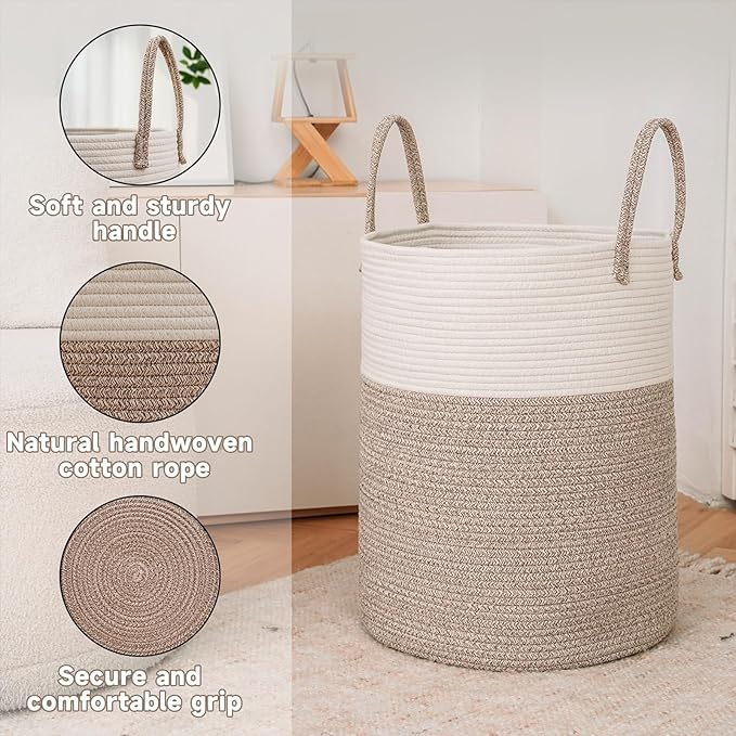 JMvicyroam Large Woven Laundry Basket Hamper,60L Cotton Rope Storage Bin for Blankets,Toys and Clothes,Decorative Tall Nursery Hamper for Living Room,Baby Nursery,Bathroom and Bedroom,Brown