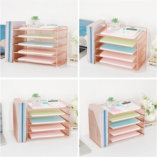 OPNICE Desk Organizer, 5-Tier Paper Organizer Letter Tray with Magazine Holder, Office Desk Accessories & Workspace Organizers, Desktop File Organizer for Office Supplies Storage, Rose Gold