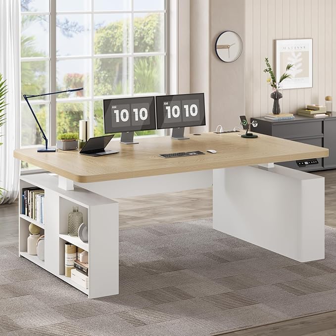 SEDETA 63" Executive Standing Desk with Storage, Executive Height Adjustable Desk with Power Outlets, Large Computer Office Desk with Privacy Panel for Home Office, Natural Oak