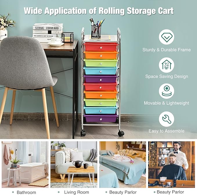 RELAX4LIFE 10 Drawer Rolling Cart, Slim Storage Cart w/Lockable Wheels for Classroom School Teacher Office, Art Supplies Paper Scrapbook Craft Organizers, Utility Cart with Drawers (Multicolor)