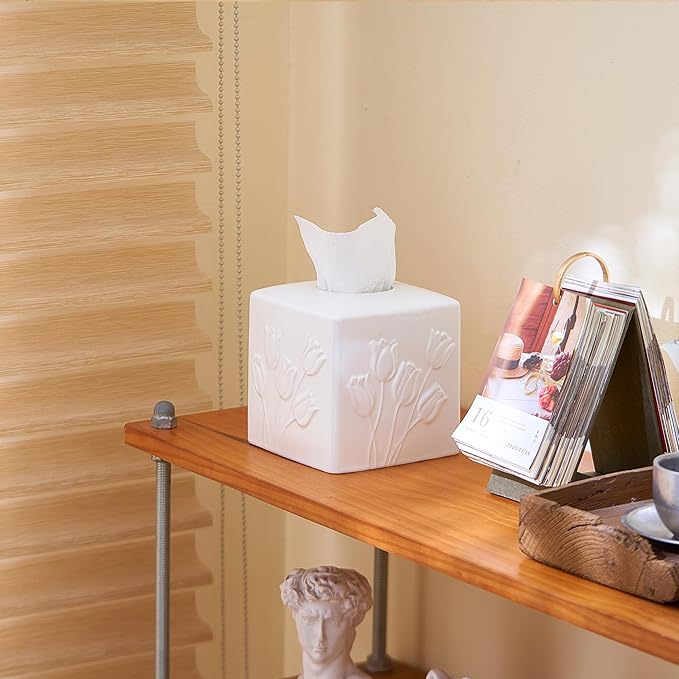 White Ceramic Tulips Tissue Box Cover - Modern Square Decorative Organizer for Facial Tissues, Farmhouse Style Home Decor for Bathroom, Bedroom, Living Room & Office