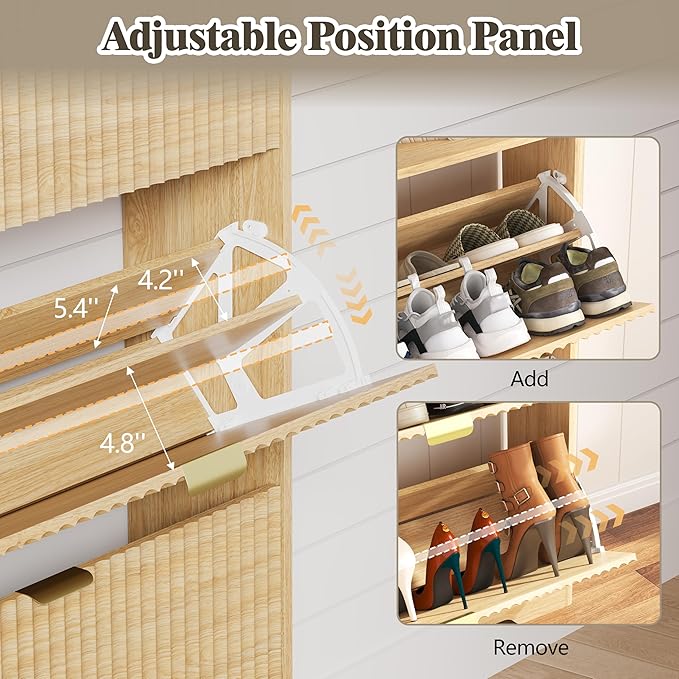 Shoe Cabinet Storage for Entryway with 3 Flip Drawers, Fluted Narrow Shoe Organizer with Wooden Legs, Freestanding Slim Shoe Storage Hidden Shoe Rack Organizer for Front Door Entrance, Oak