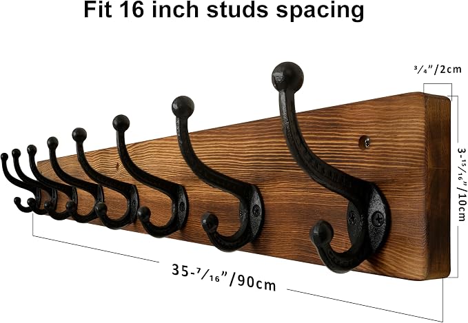 WEBI Rustic Coat Rack Wall Mount,35.43" Long 8 Cast Iron Coat Hooks Wall Mounted,Heavy Duty Wall Coat Hanger Hooks for Hanging Coats,Clothes,Brown,2 Packs