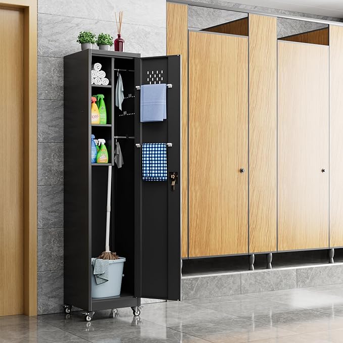72" H Broom Closet Storage Cabinet, Metal Garage Storage Cabinet with Wheels, Pegboard, Locking Door and Hooks for Garage, Home, Utility Cleaning Cabinet for Broom and Mops, Black